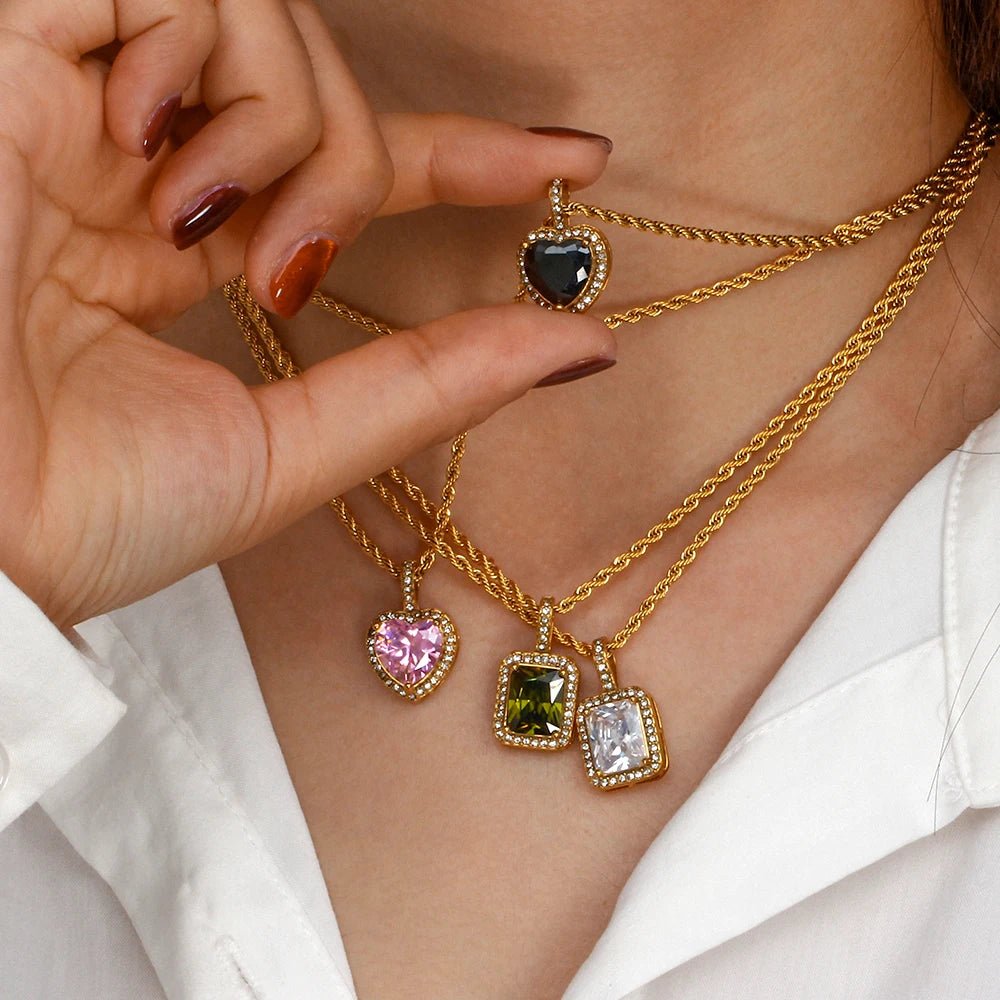 Rope Chain Heart Stone Pendant Necklace - Zafinne Jewelry