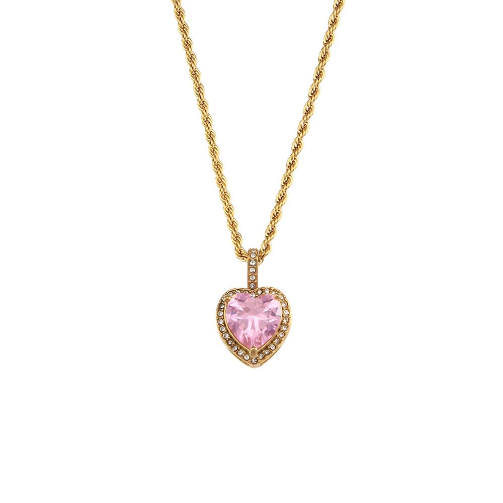 Rope Chain Heart Stone Pendant Necklace - Zafinne Jewelry