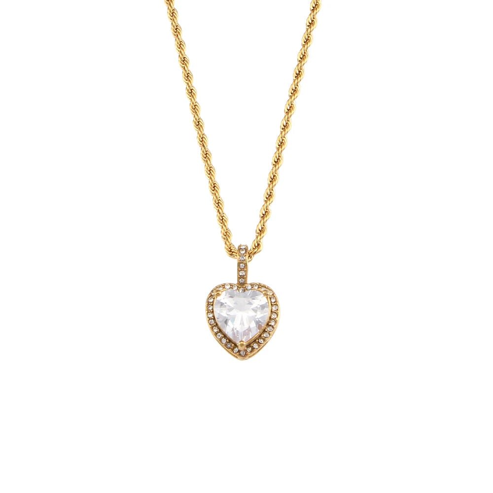Rope Chain Heart Stone Pendant Necklace - Zafinne Jewelry