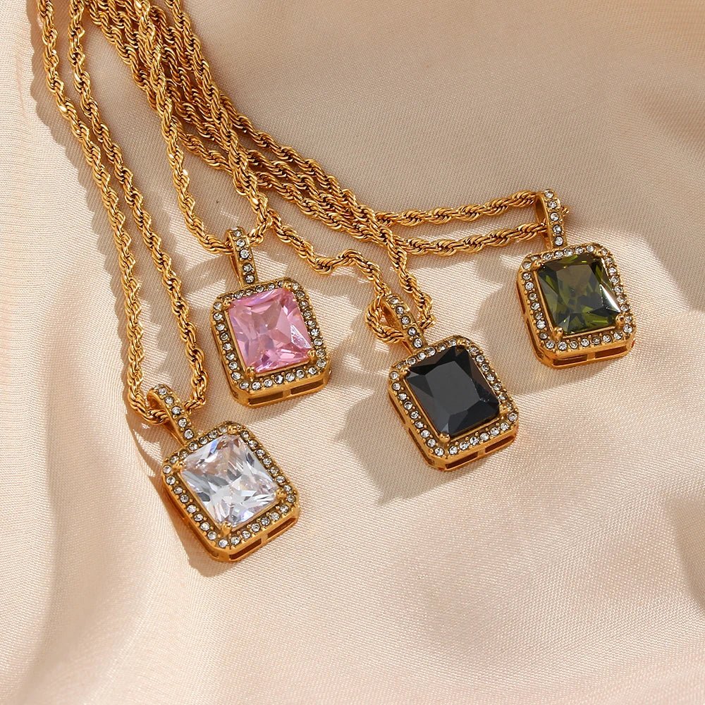 Rope Chain Square Stone Pendant Necklace - Zafinne Jewelry