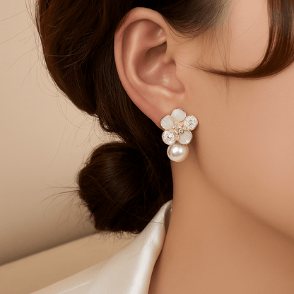 Camellia Flower Pearl Earrings - Zafinne Jewelry